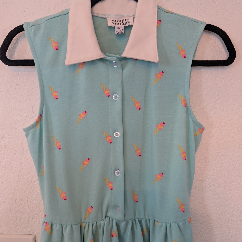 Unique Vintage Mint Green Ice Cream Print Josie Fit & Flare Dress Novelty Summer - Picture 4 of 7